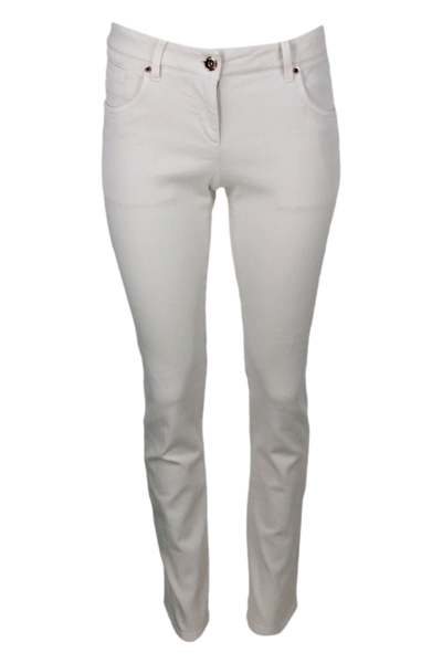 Shop Brunello Cucinelli Five-pocket Garment-dyed Stretch Denim Trousers. Slim Model In White