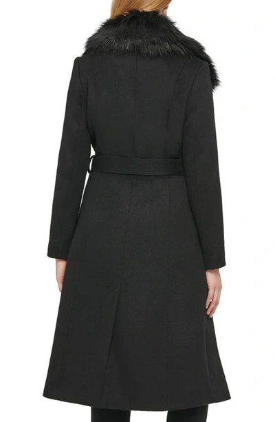 Karl Lagerfeld Belted Faux Fur Trim Wool Blend Coat In Black