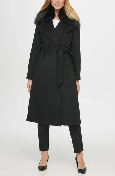 Karl Lagerfeld Belted Faux Fur Trim Wool Blend Coat In Black