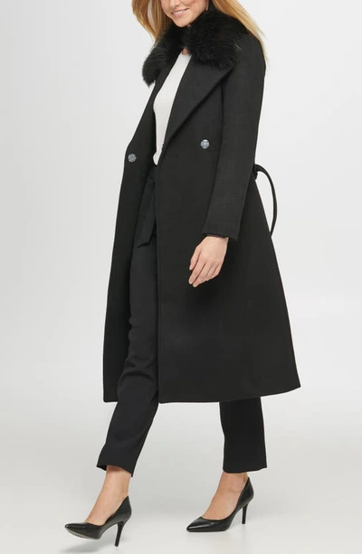 Karl Lagerfeld Belted Faux Fur Trim Wool Blend Coat In Black