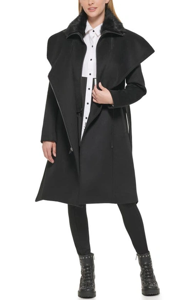 Karl Lagerfeld Belted Faux Fur Trim Wool Blend Coat In Black