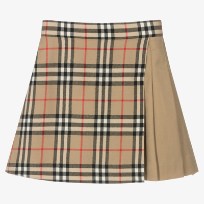 Shop Burberry Girls Beige Check Wool Skirt