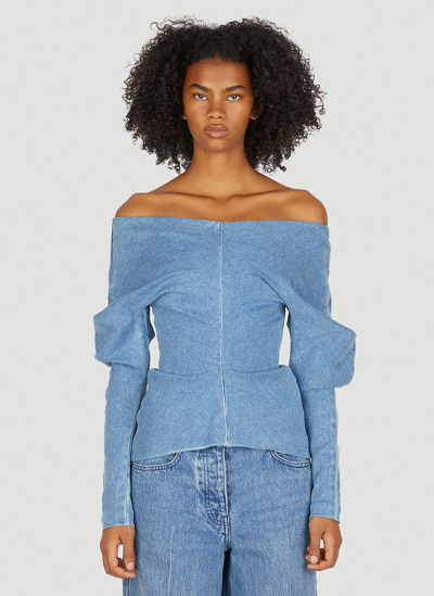 Alexander Wang Off the shoulder Puff Sleeve Denim Top In Blue