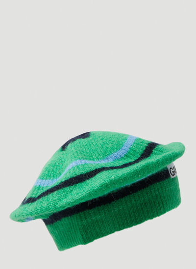 Shop Ganni Stripe Knit Beret In Green