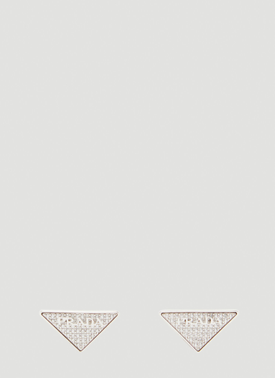 Shop Prada Crystal Logo Plaque Earr In Silver