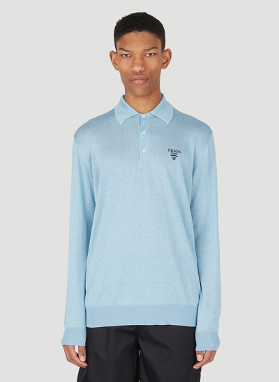 Shop Prada Logo Embroidered Polo Shirt In Blue