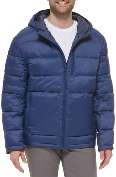 Shop Cole Haan Hooded Nylon Puffer Jacket In Navy