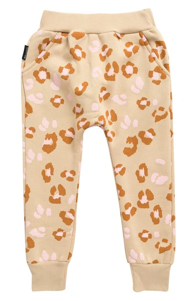 Shop Dot Australia Kids' Leopard Print Cotton Fleece Joggers In Tan