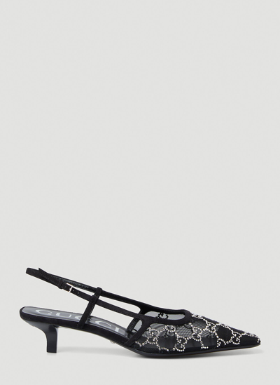 Gucci Crystal Gg Slingback Kitten Heels In Black