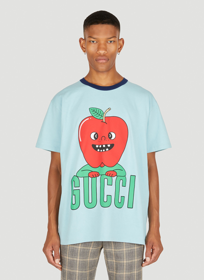 Gucci Apple Print Cotton T-shirt In Light Blue | ModeSens