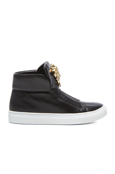 Shop Versace Medusa Head Laceless Leather Sneakers In Black & Gold