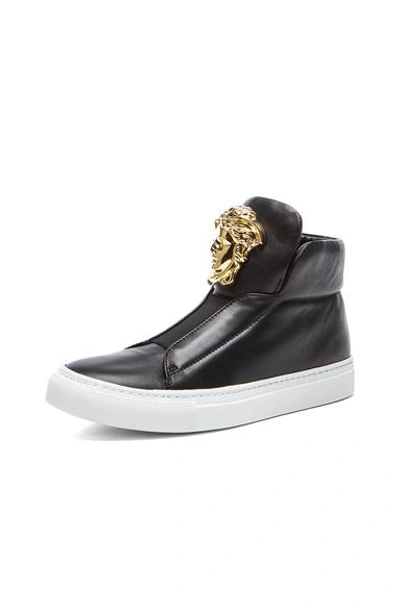 Shop Versace Medusa Head Laceless Leather Sneakers In Black & Gold