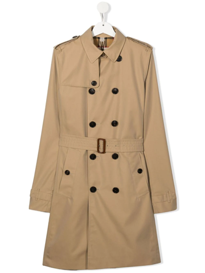 Shop Burberry Teen Double-breasted Trench Coat In Neutrals