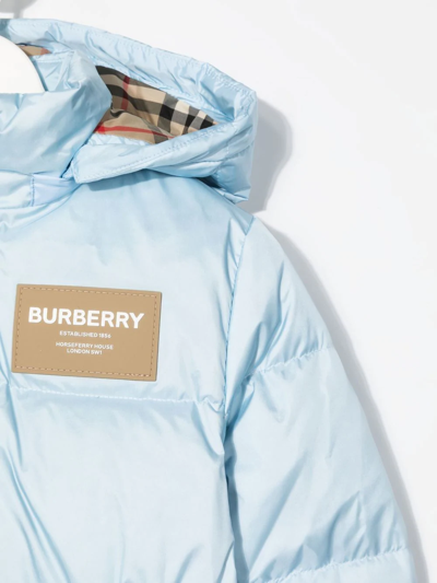 Shop Burberry Logo Patch Detachable-hood Puffer Coat In Blue