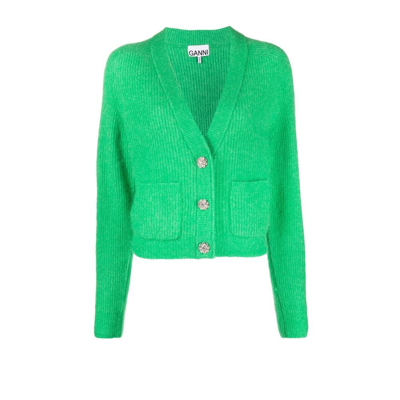 Shop Ganni Green Crystal-embellished Wool Cardigan