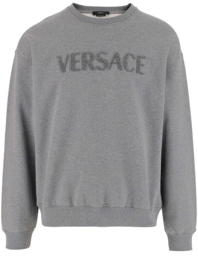 Shop Versace Logo Detailed Crewneck Sweatshirt In Grigio