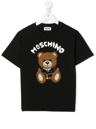 Shop Moschino Kids Black T-shirt With  Teddy Bear Embroidery In Nero
