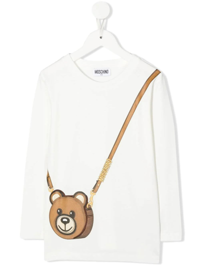 Shop Moschino Kids White Teddy Bag T-shirt With Long Sleeve In Cloud