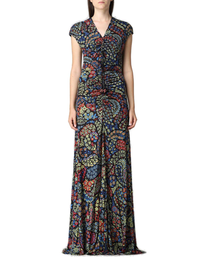 Shop Etro Floral-embroidered V-neck Maxi Dress In Nero.