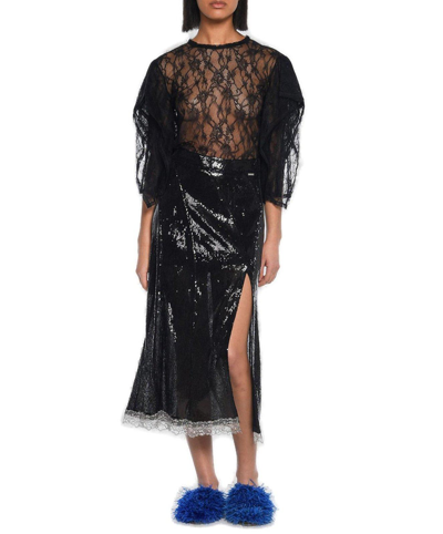 Shop Koché Sequin Overlay Front Slit Skirt In Black