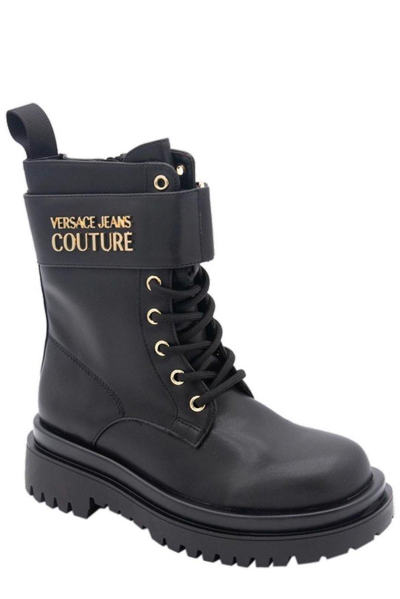 Shop Versace Jeans Couture Logo Lettering Lace-up Combat Boots In Nero.