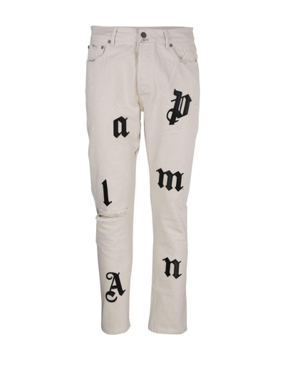 Shop Palm Angels Distressed Logo-patch Straight Leg Jeans