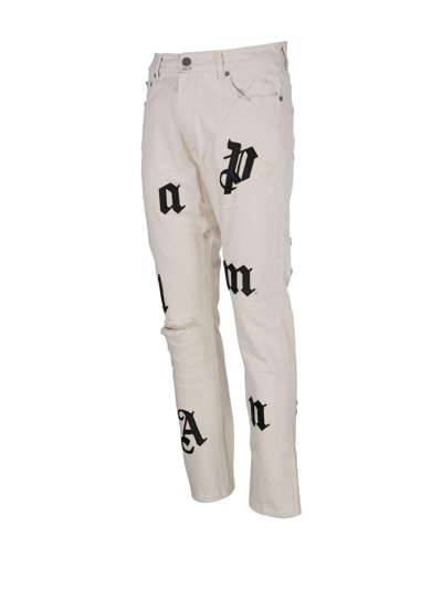 Shop Palm Angels Distressed Logo-patch Straight Leg Jeans