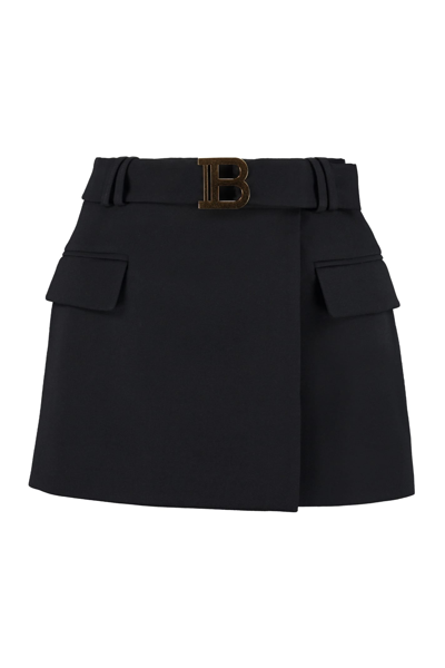 Shop Balmain Wool Mini Skirt In Black