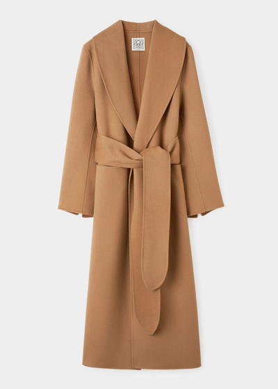 Shop Totême Belted Long Wool Robe Coat In Camel 835