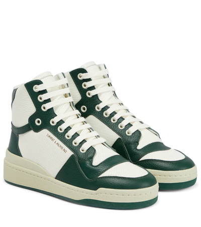 Shop Saint Laurent Sl/24 Leather High-top Sneakers In Cof Whi/dk Basil/cof