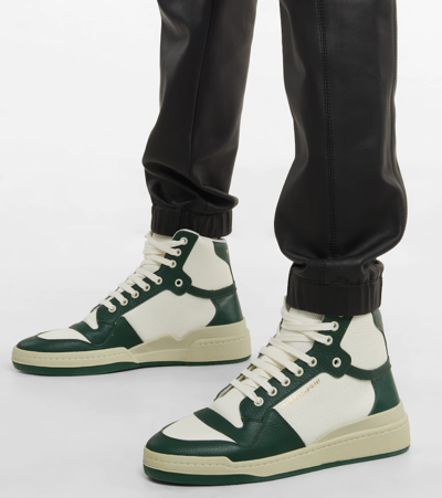 Shop Saint Laurent Sl/24 Leather High-top Sneakers In Cof Whi/dk Basil/cof