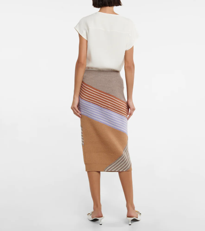 Shop Stella Mccartney Striped Ribbed-knit Wool Midi Skirt In Multicolor (8491)