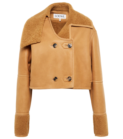 Shop Loewe Shearling-trimmed Leather Jacket In Desert/burgundy