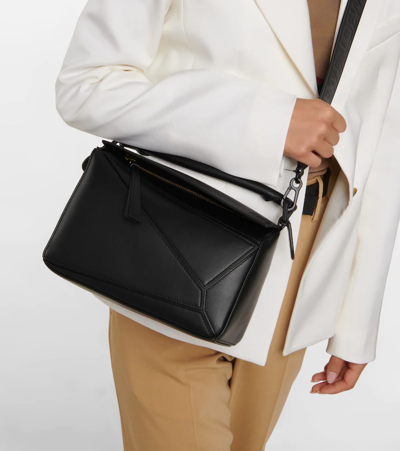 Shop Loewe Puzzle Small Leather Shoulder Bag In Black
