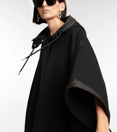 Shop Moncler Fringe-trimmed Hooded Wool Cape In Black