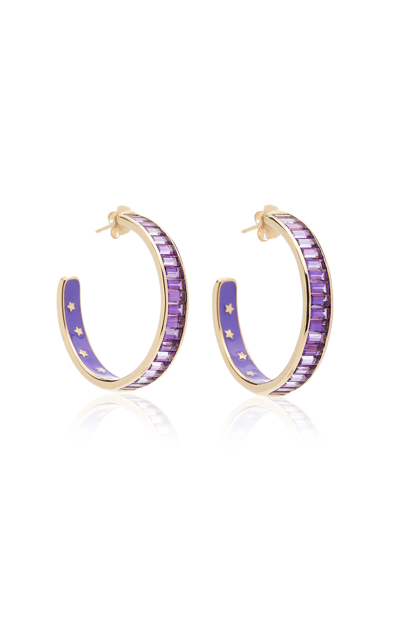 Shop Jane Taylor 14k Yellow Gold Enameled Amethyst Hoop Earrings In Purple