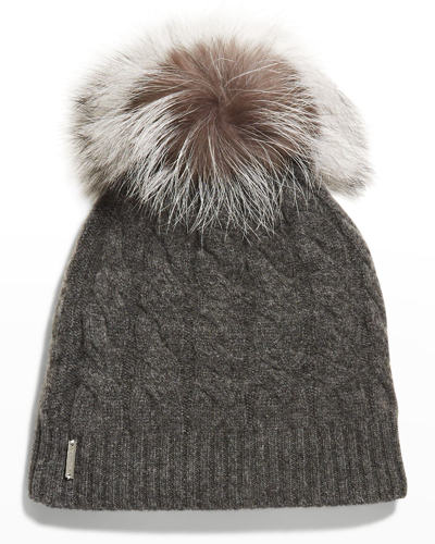 Shop Gorski Cashmere Cable-knit Beanie With Fur Pompom In Anthracite Silver