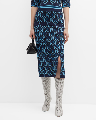 Shop Paco Rabanne Button-front Monogram-knit Midi Skirt In V467 Blue Jacquar