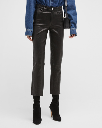 Shop Frame Le High Straight Cropped Slim Straight Leather Pants In Noir