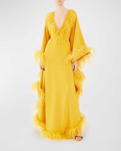 Shop Zuhair Murad Plunging Feather-trim Cady Gown In Golden Yellow