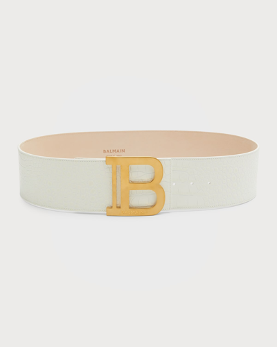 Shop Balmain Logo Buckle Croc-embossed Belt In Blanc