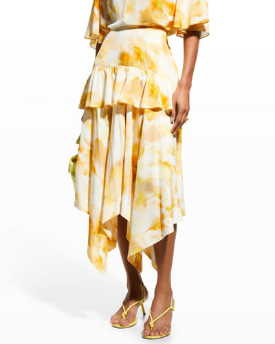 Shop Jason Wu Ruffle Abstract-print Handkerchief Skirt In Honey Multi