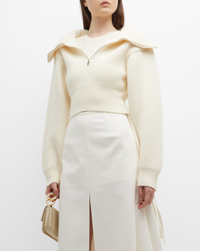 Shop Jacquemus Risoul Double-collar Rib Crop Wool Sweater In Off White
