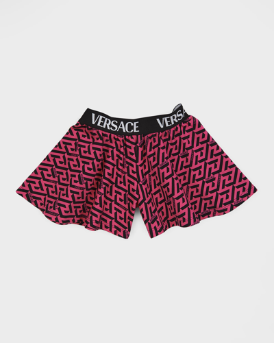 Shop Versace Girl's La Greca Logo-waist Shorts, 4-6 In Nero Fucsia