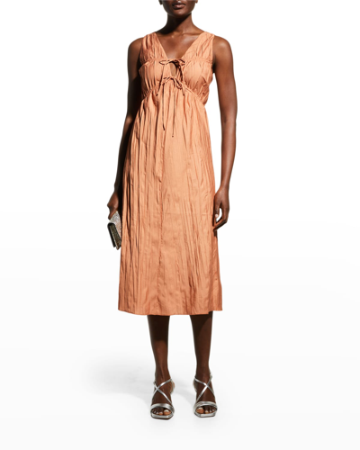 Shop Frame Cinched V-neck Crinkled Midi Dress In Terracotta