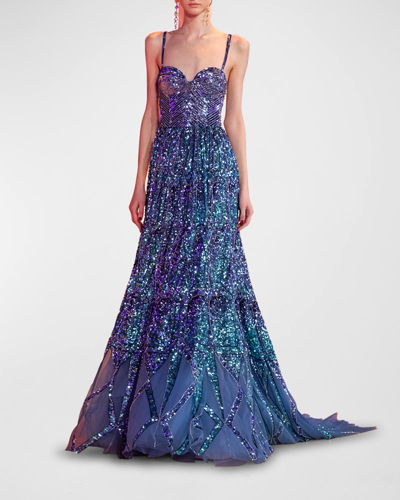 Shop Georges Hobeika Beaded Corset Tulle Gown In Parisian Blue