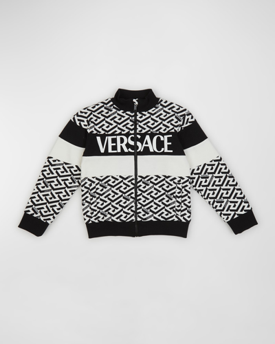 Shop Versace Boy's Greca Logo-print Track Jacket In Bianco Nero