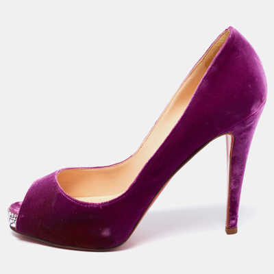 Pre-owned Christian Louboutin Magenta Velvet Very Prive Crystal Peep-toe Pumps Size 40.5 In Purple