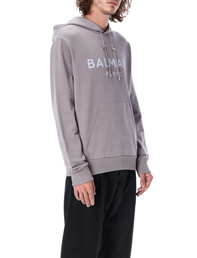 Shop Balmain Logo Print Hoodie In Grey