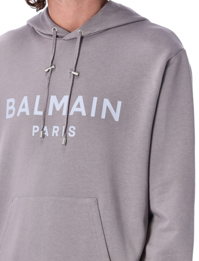 Shop Balmain Logo Print Hoodie In Grey